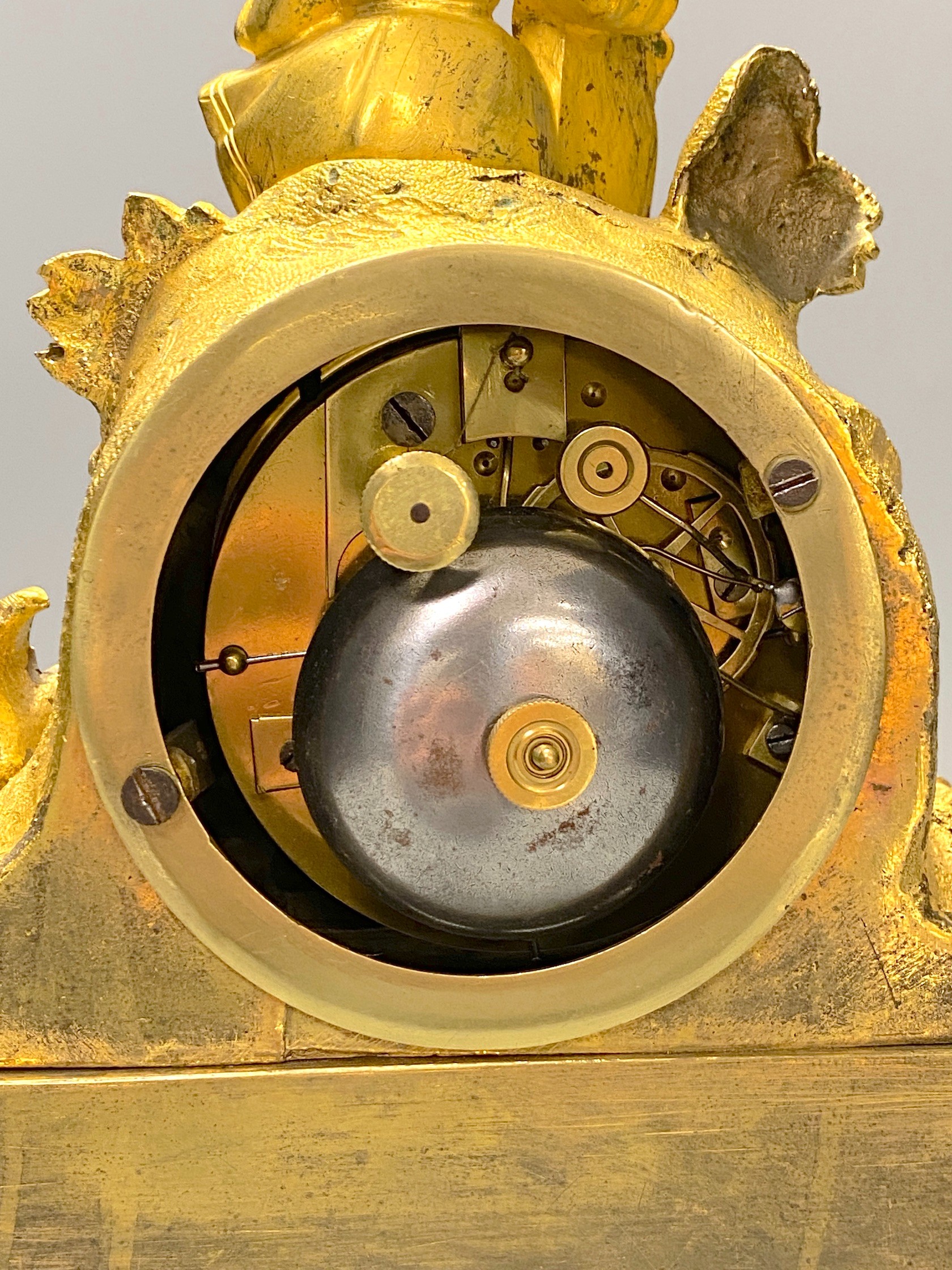 A 19th century French ormolu mantel clock, Henri Marc movement with silk suspension, and pendulum